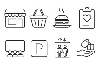 Shopping mall web icons line style vector illustration with store, basket, foodcourt, wishlist, cinema, parking, elevator, and collection symbols for user interface design