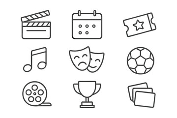 Cinema and entertainment line icons collection. Movie clapper, event calendar, ticket, music note, theater masks, soccer ball, film reel, trophy award, and photo gallery vector illustration