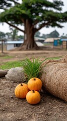 Two bright pumpkins sit beside a round hay bale, surrounded by lush green grass and scenic autumn foliage in the background