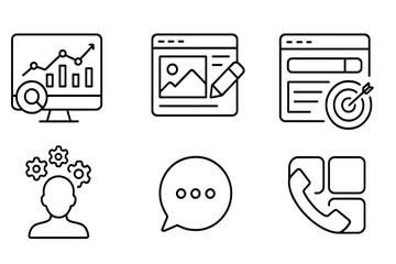 Social media and web icons in line style, digital marketing symbols including data analytics, blogging, SEO, management, messaging, phone communication, collection concept vector illustration