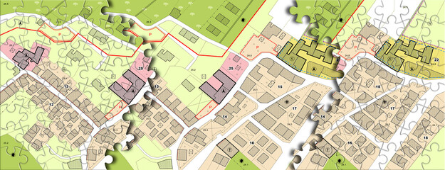 URBAN PUZZLE MAP CONCEPT OF PLANNING, STRATEGY AND CITY GROWTH - Metaphorical illustration for architecture design, teamwork, organization, real estate planning, urban connection