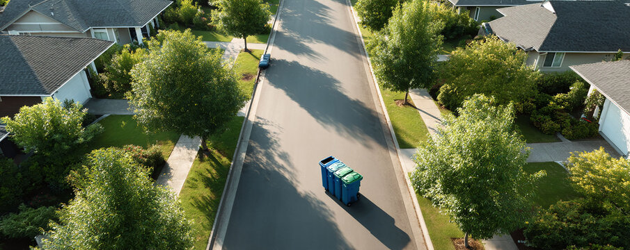 Aerial shot of a tranquil suburban street with lush green trees. Recycling bins ready for collection, symbolizing environmental responsibility and community living.