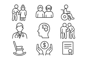 Elderly care icons set in line style, including senior support, pension assistance, wheelchair, doctor, Alzheimer awareness, caregiver help, retirement planning, and family grandparents