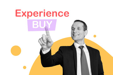 Creative collage young businessman entrepreneur touch finger buy experience courses skills education corporate career promotion specialist