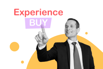 Creative collage young businessman entrepreneur touch finger buy experience courses skills education corporate career promotion specialist