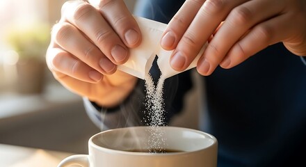Sugar Cascade: Hands Pouring Sweetener into Steaming Coffee Cup