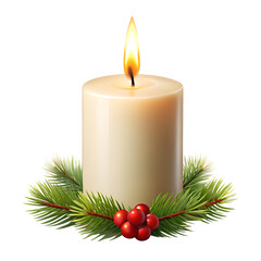 Christmas candle with fir branches isolated on transparent background
