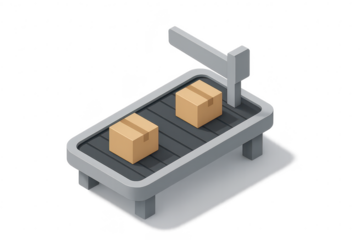 Isometric conveyor belt carrying two cardboard boxes, isolated transparent.
