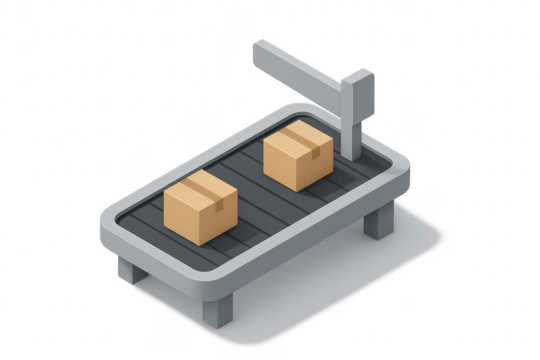 Isometric conveyor belt carrying two cardboard boxes, isolated transparent.