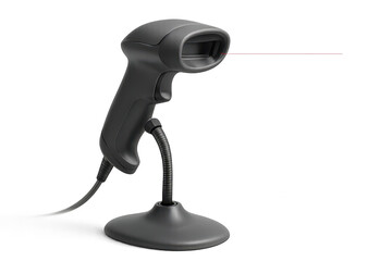 Modern black barcode scanner with laser on transparent background, retail tech.