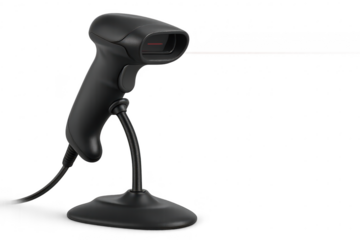 Black barcode scanner with red laser beam, isolated on transparent background