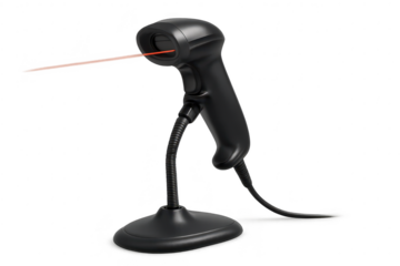 Black barcode scanner on stand, red laser, isolated, transparent image.