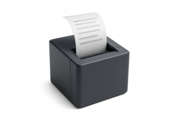Modern thermal receipt printer with paper bill isolated on transparent background