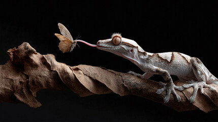Fototapeta premium Dramatic macro shot of a gargoyle gecko with its tongue extended towards a butterfly. High contrast, symbolizing predator and prey. Evokes nature, wildlife, and survival.