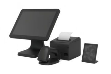 Modern point of sale system with devices isolated on transparent background