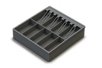 Empty cash register money tray insert with metal clips, transparent background