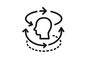 Obraz premium 360 degrees view vector icon. Human head with rotation arrows. Concept for virtual reality, adaptation, flexibility, change management, and continuous self-improvement process.