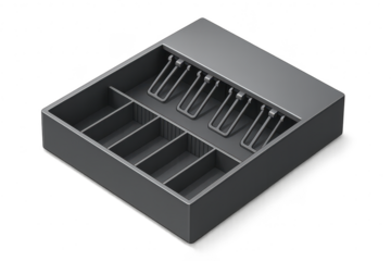 Isometric empty cash register till insert, transparent background for design.