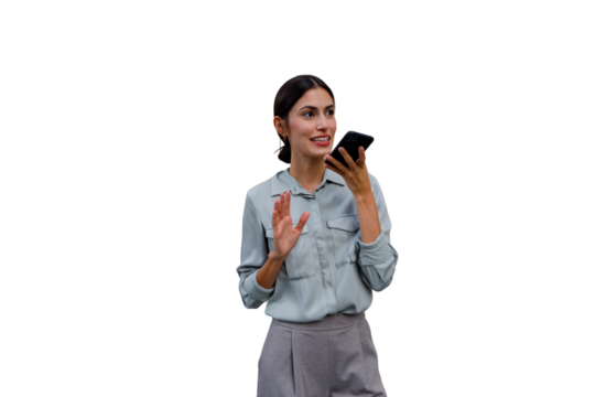 Businesswoman talking on speakerphone, recording voice message using smartphone, communicating on transparent background
