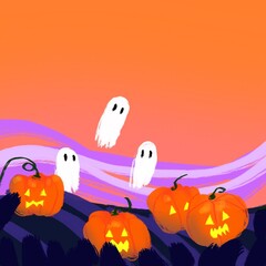Halloween background with ghost bats pumpkins