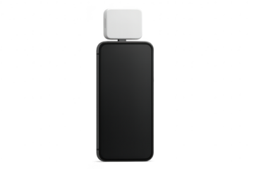 Modern smartphone with a white square accessory on top, isolated on transparent background.