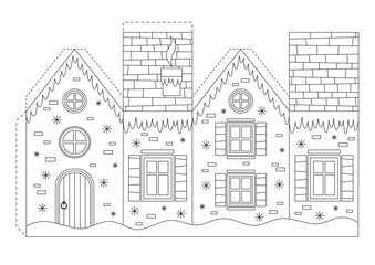 Coloring page with Christmas house for kids. Papercraft, Christmas decor, game cut and glue. Vector illustration