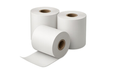 Three white paper rolls for receipts or labels, isolated on a transparent background