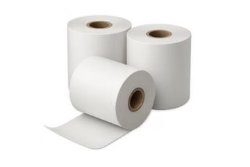 Three white paper rolls for receipts or labels, isolated on a transparent background