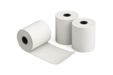 Three white thermal paper rolls for receipts isolated on transparent background