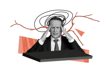 Composite trend artwork sketch collage of beige color backdrop middle age man office manager stress depression headache migraine mind