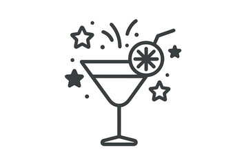 Cocktail glass line icon. Party celebration vector symbol. Drink with lemon slice and straw. Festive beverage for bar menu, happy hour logo or event invitation. Simple outline pictogram.