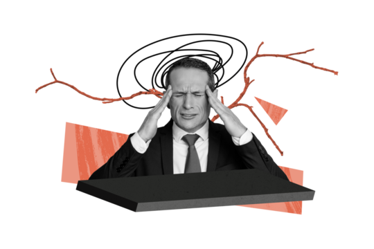 Composite trend artwork sketch collage of beige color backdrop middle age man office manager stress depression headache migraine mind