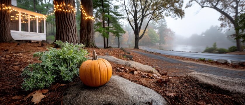 A vibrant orange pumpkin sits on the gravel roadside, surrounded by autumn trees and a quaint house on a cloudy afternoon.