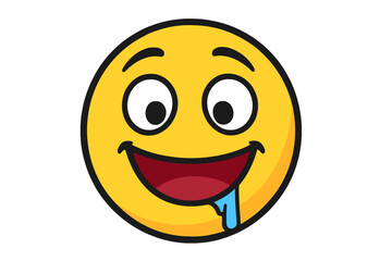 Fototapeta premium Hungry emoticon salivating, yummy emoji drooling. Delicious food concept. Smiley face with appetite. Yellow cartoon character icon for tasty meal or craving. Vector logo.