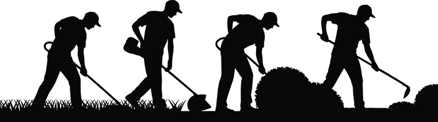 Gardening worker silhouettes, landscaping tools, hedge trimming, leaf blower, soil hoeing, grass cutting, outdoor maintenance, garden care, black illustration, vector design