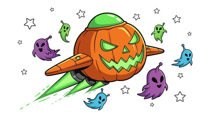 Spooky Space Flight: A whimsical illustration depicts a Halloween-themed spaceship, creatively designed as a jack-o'-lantern, soaring through a cosmic canvas alongside friendly ghosts.