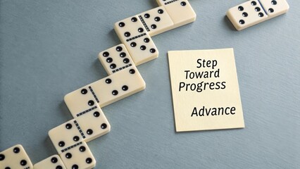Stacked Dominoes with &ldquo;Advance&rdquo; Note on Plain Background