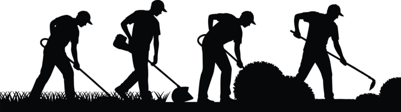 Gardening worker silhouettes, landscaping tools, hedge trimming, leaf blower, soil hoeing, grass cutting, outdoor maintenance, garden care, black illustration, vector design