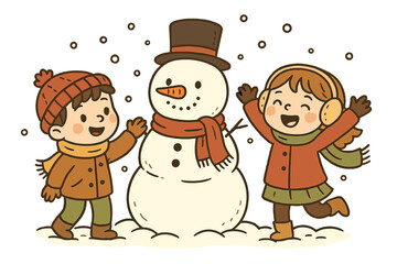 Happy children characters, boy and girl, having fun building a snowman in the snow. Cute cartoon vector doodle illustration for Christmas and winter holiday season fun.