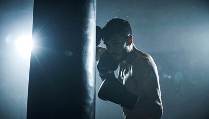 Boxer training against a heavy bag