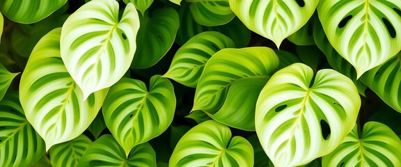 Clean white monstera leaves repeat on vibrant green, whimsical accents, vector, trendy