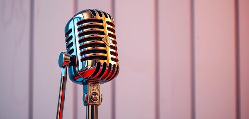 Classic retro microphone, chrome finish, vintage design, stand,  chrome,  music