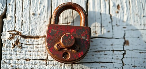 Close-up of a rusty padlock on weathered white wood,  security,  barn