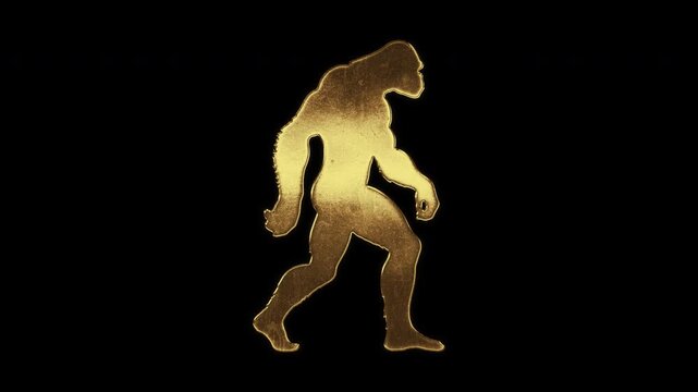 Gorilla with slightly reflected outlines on a gold foil-like surface, loop, alpha channel

