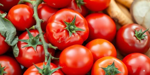 Close-up of ripe red tomatoes and assorted vegetables, yellow, fresh