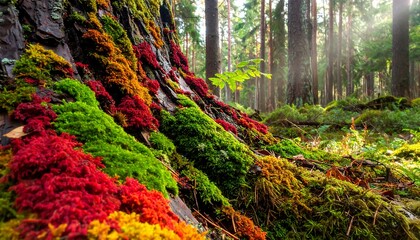 A sunlit forest scene showcasing a tree trunk covered in vibrant moss, with hues of red, green and yellow. The background fades into a dense woodland