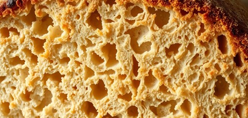 Close-up of rustic sourdough bread crumb texture, showing air pockets and deep golden brown color,   comfort food,  appetizing