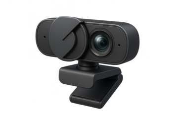 Modern black webcam with privacy shutter isolated on transparent background