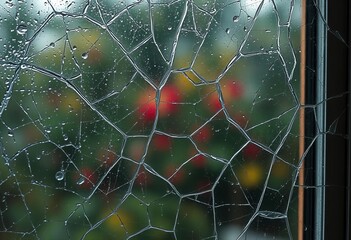 Condensation heavily obscuring view through a cracked plastic window frame, house, building