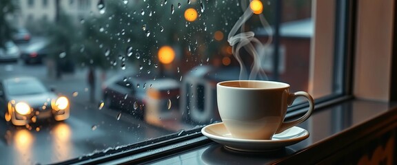 Cozy coffee cup on rain-streaked windowsill, steam rising, cafe lights glow,  comfort,   streetlight